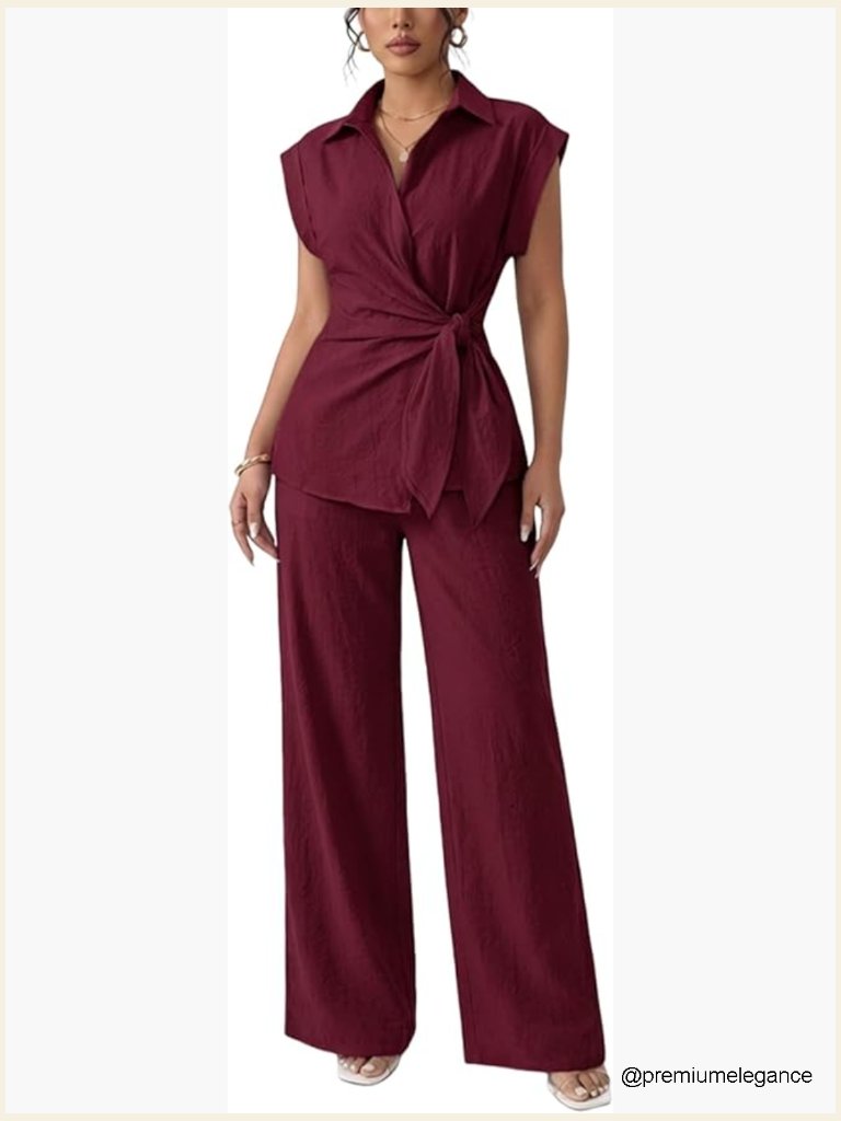 Two Piece Set Cap Sleeve Tie Waist Button Down Shirt Wide Leg Pants Outfit
